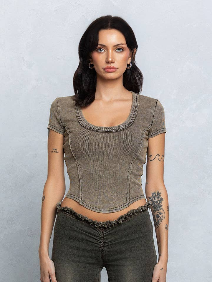 No Vacancy - Wholesale Knit top – Women's - Washed rib deep u-neck crop top4