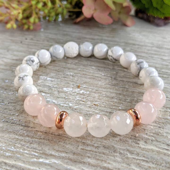 Coconut Quartz – Engroshandel Perlearmbånd – ROSE QUARTZ+HOWLITE ARMBÅND SELV KÆRLIGHED ARMBÅND Pink Hvid0