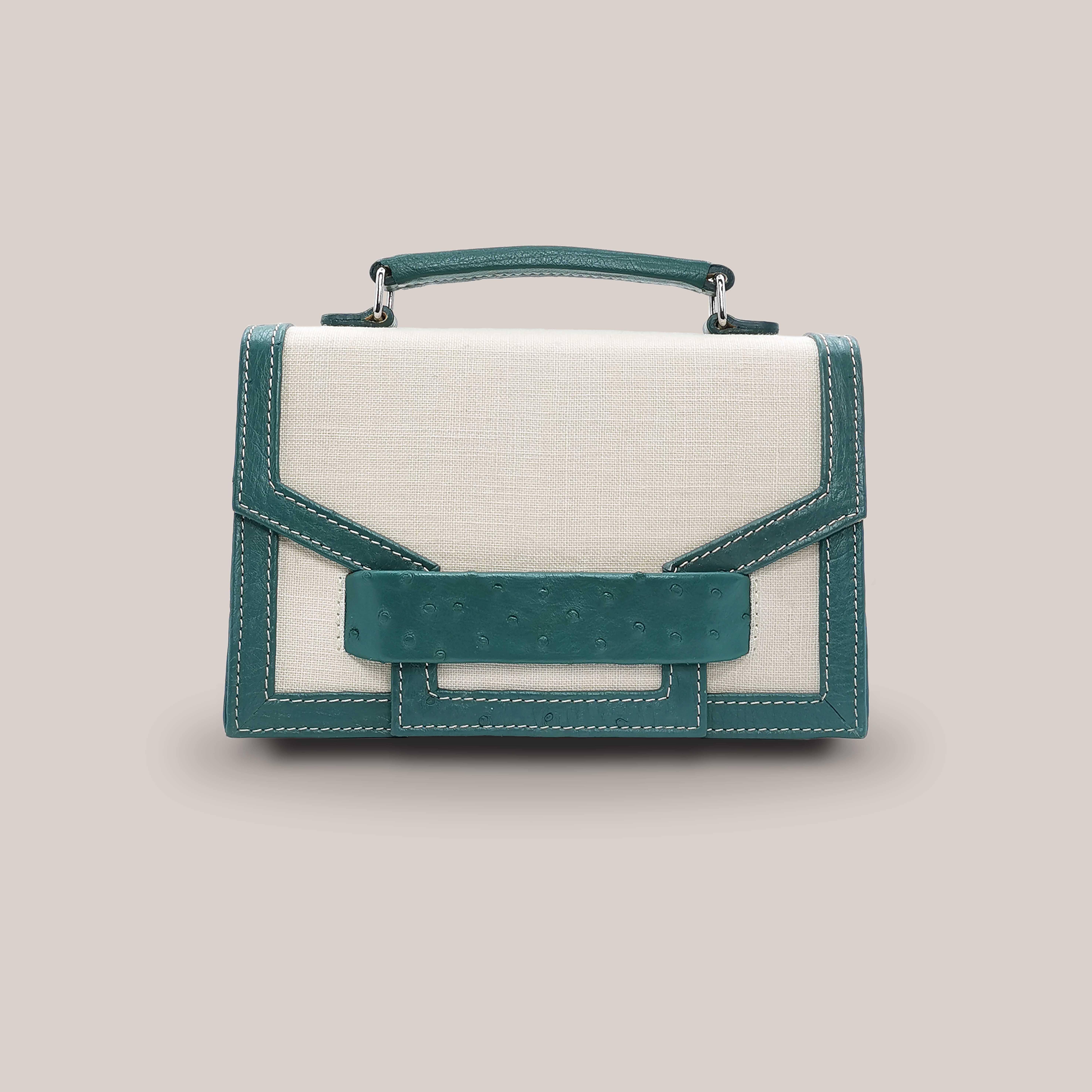 Alca Green Ostrich Leather And Linen Flip Bag for wholesale on Faire8