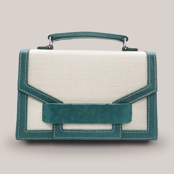 Alca Green Ostrich Leather And Linen Flip Bag for wholesale on Faire8