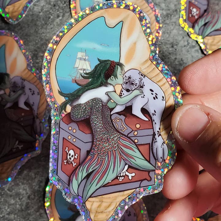Dragon Art - Wholesale Sticker - Mermaid Wishes and Sealion Kisses glitter Sticker