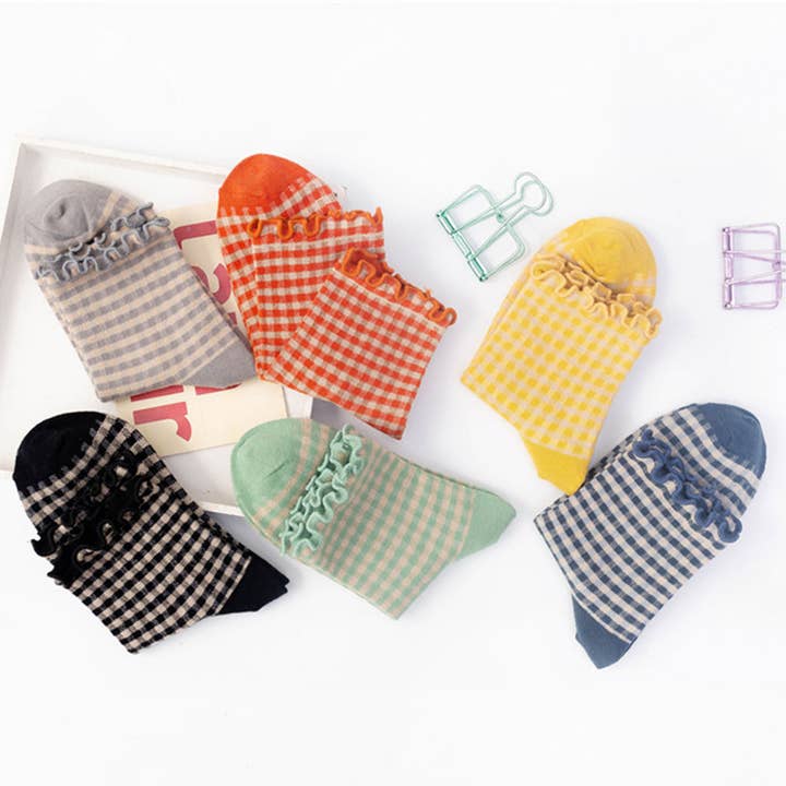 ACCITY - Wholesale Socks - Women's - CHECK PLAID PATTERN RUFFLE CREW SOCKS FOR WOMENS_CWMS065