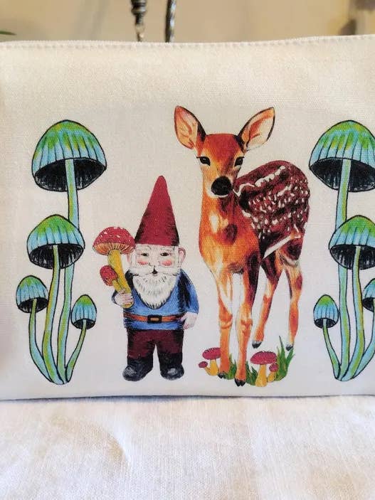Cottagecore Gnome and Fawn zippered pouch for wholesale by Tarasance
