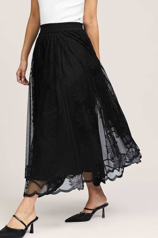Current Air - Wholesale Skirt - Women's - Floral Embroidered Mesh Midi Skirt1