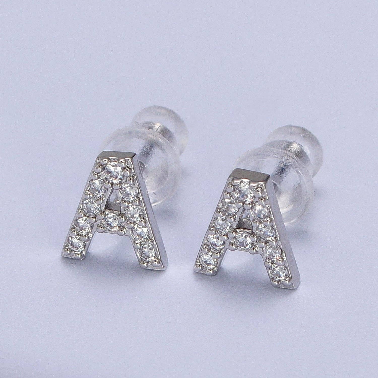Aim Eternal - Wholesale Stud/Post Earrings - White Gold Filled Tiny Initial Letter Diamond CZ Silver Stud0