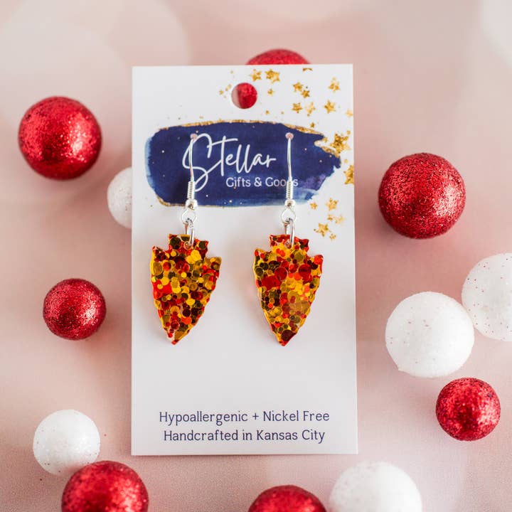 Stellar Gifts & Goods Wholesale - Wholesale Dangle Earrings - Petite Red & Gold Confetti Arrowhead Dangles KC Football