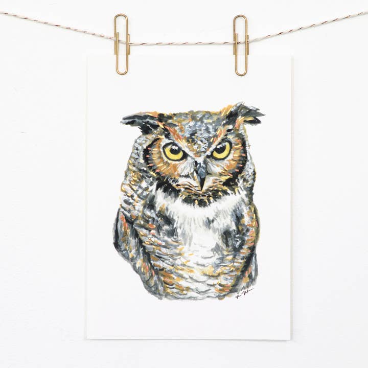 Impresión artística en giclée de búho cornudo grande para venta al por mayor de Heartshake Studios