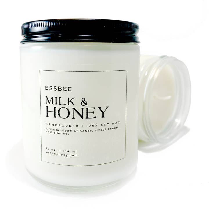 Milk & Honey Hand-poured 100% Soy Wax Candle for wholesale by Essbee Bath and Body