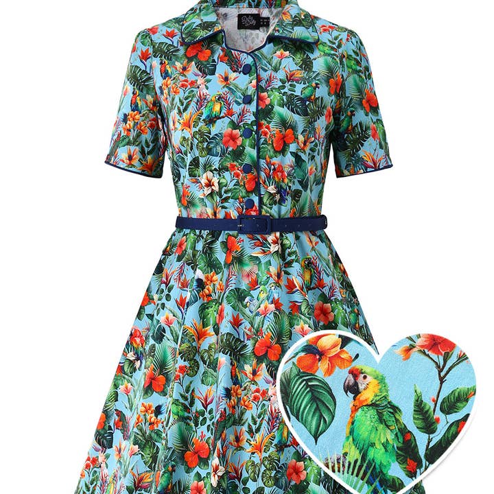 Penelope Hellblaues Tropengarten-Hemdkleid für den Großhandel von Dolly & Dotty