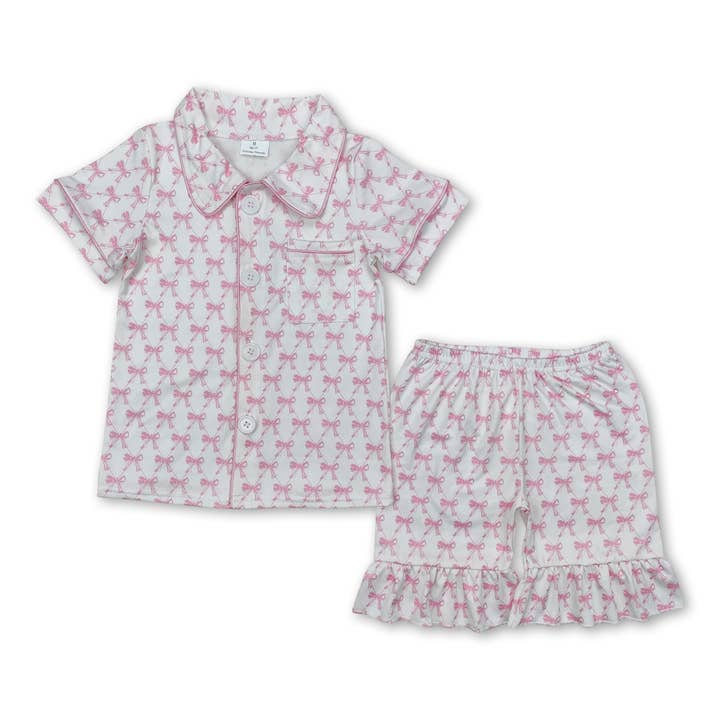 Yawoo Garments - Wholesale Sleepwear set – Kids - Short sleeves multi color bow kids girls button down pajamas2