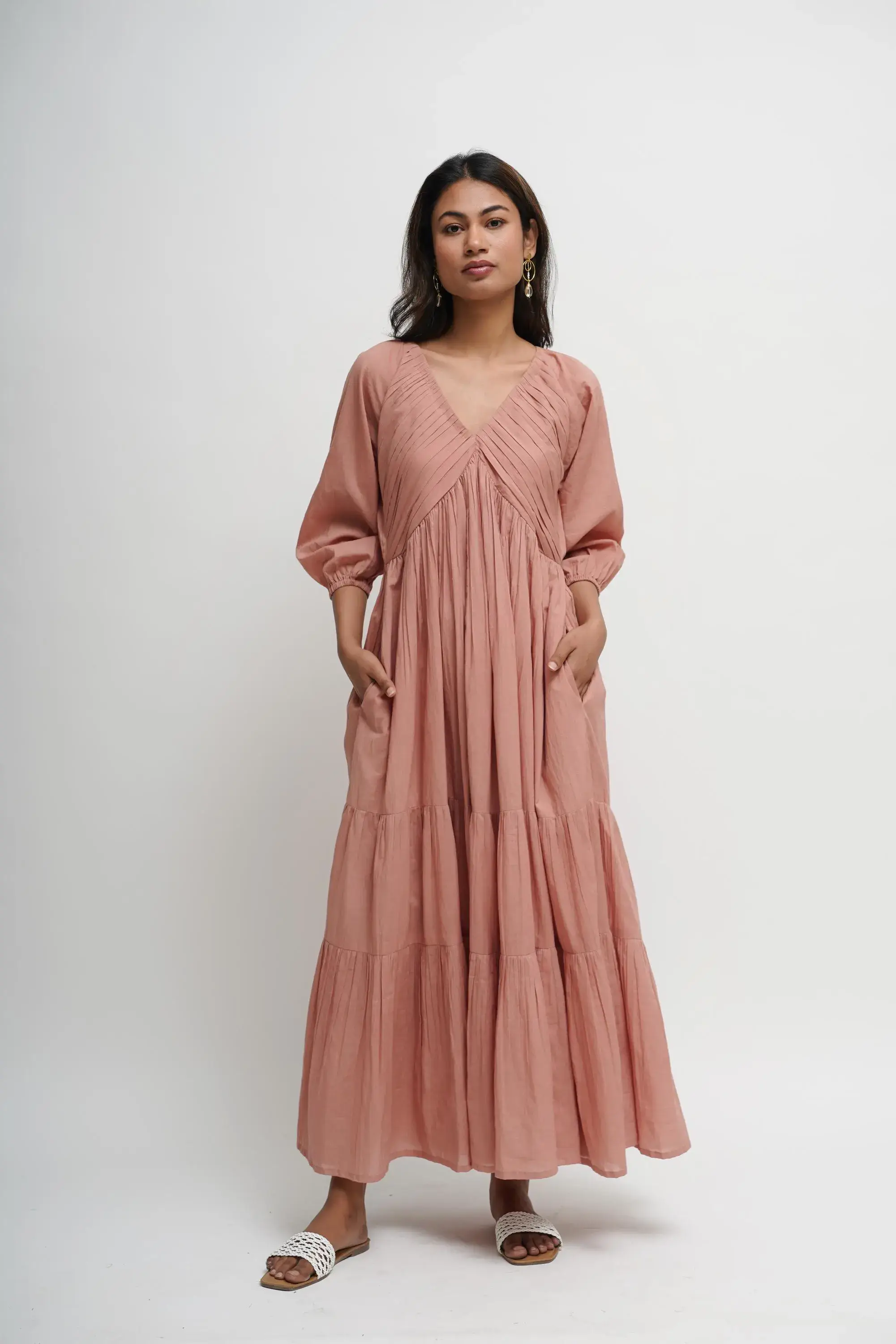Tailor Didi - Wholesale Dress - Women's - Organic Cotton Pleated Maxi Dress with Pockets, Boho Tunic6