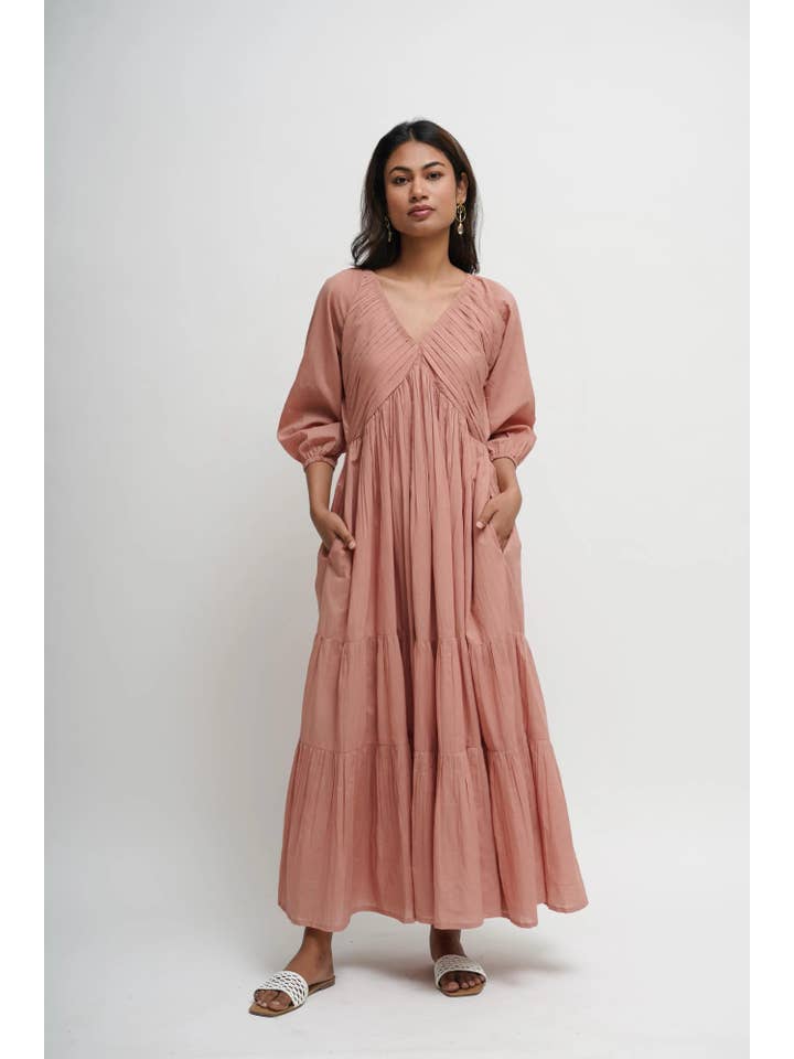 Tailor Didi - Wholesale Dress - Women's - Organic Cotton Pleated Maxi Dress with Pockets, Boho Tunic6
