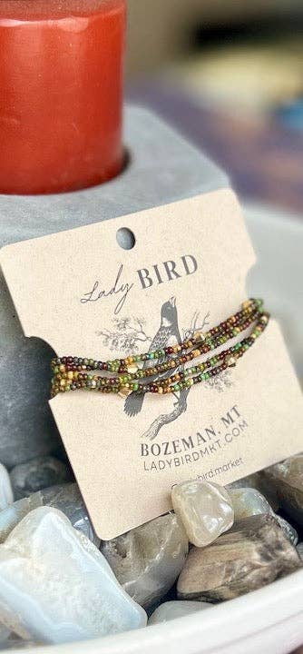 Lady Bird Market - Wholesale Beaded Bracelet - Greens Browns & Gold 5-Wrap Seed Bead Wrap Stack Bracelet4
