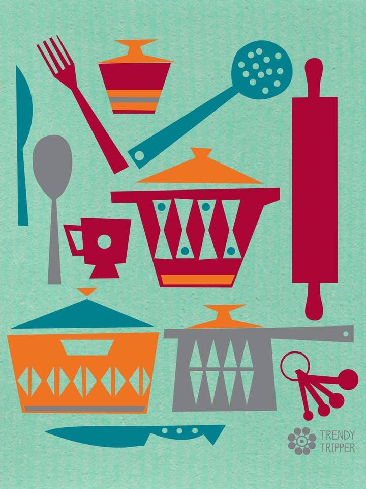 Scandi Utensil Turq + Orange Swedish Dishcloth on Green for wholesale by Trendy Tripper