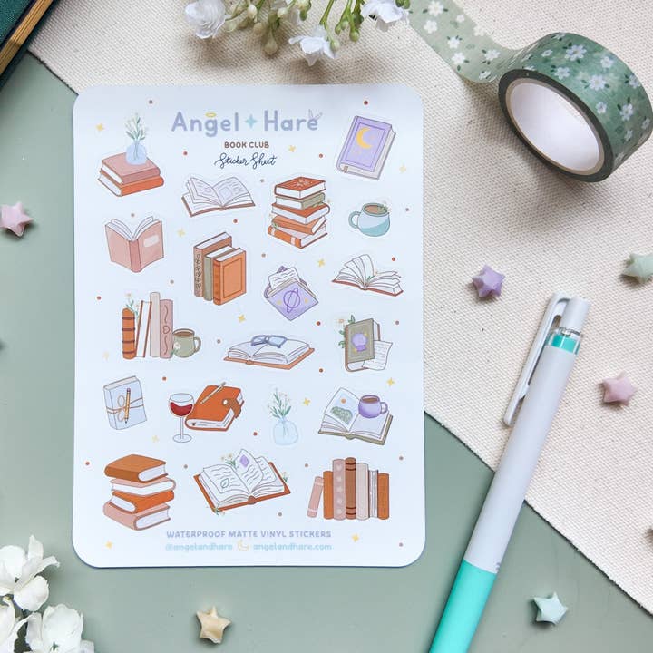 Folha de Autocolantes Impermeáveis do Clube do Livro por atacado de Angel + Hare