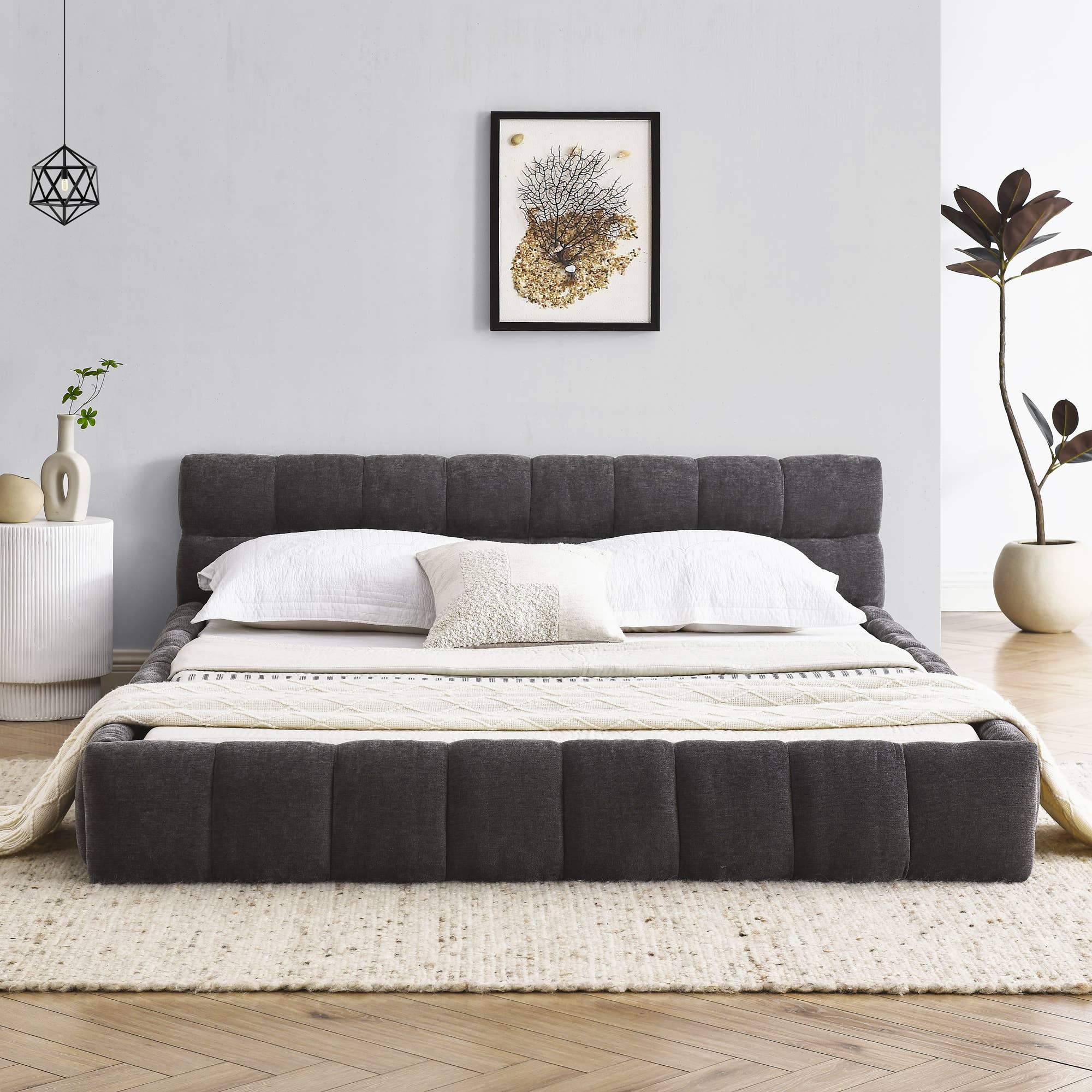 Dark Grey Queen Size Upholstered Chenille Platform Bed for wholesale on Faire2