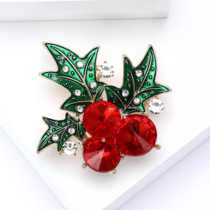 Tourtiwi - Wholesale Brooch - Christmas Red Berries & Green Leaves Rhinestone Holly Brooch3
