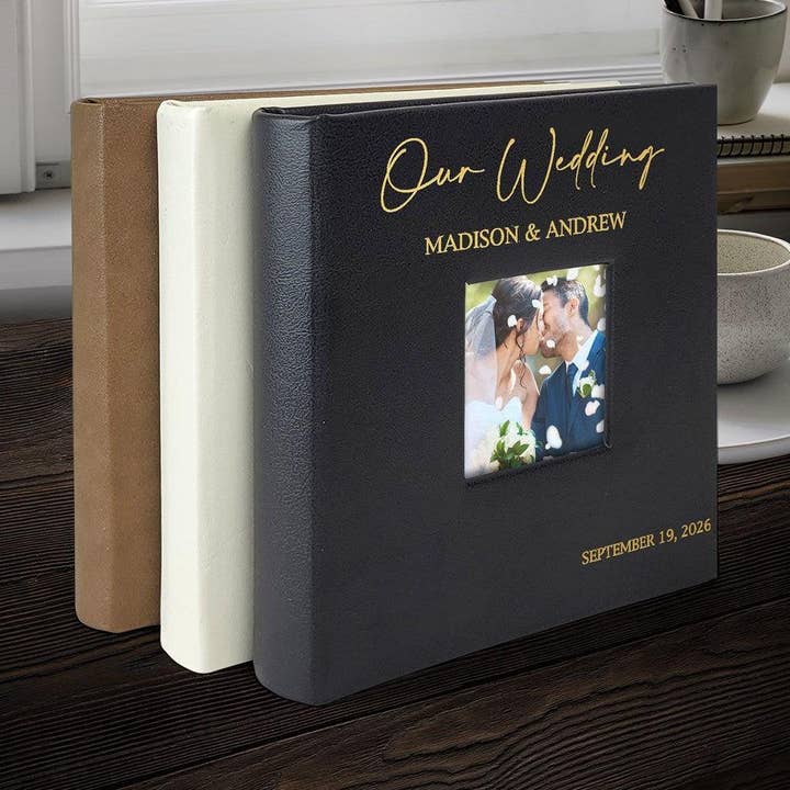 Engraved Our Wedding Script Leatherette Photo Album for wholesale by Sunny Jar Personalized