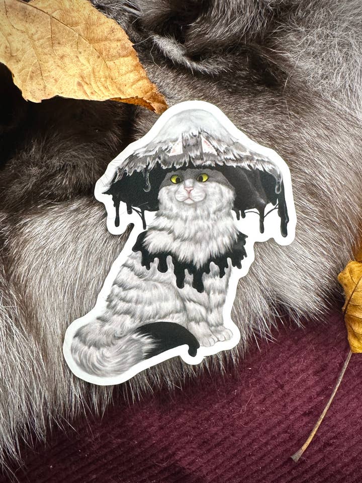 Inky Cap Mushroom Cat Vinyl Sticker for wholesale by Katelyn Gagnon Art