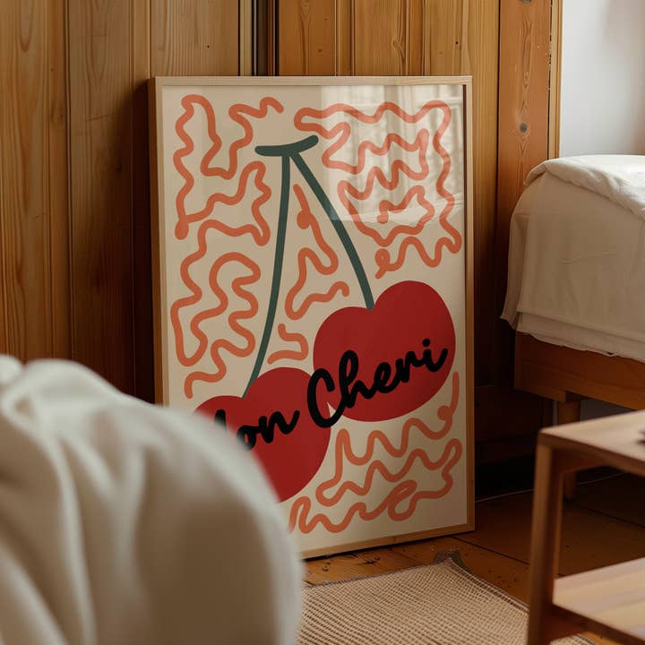 Mon Chéri Cherry Wall Art Print – Poster Retro de Cozinha em Laranja por atacado de Pink Giraffe Print Co