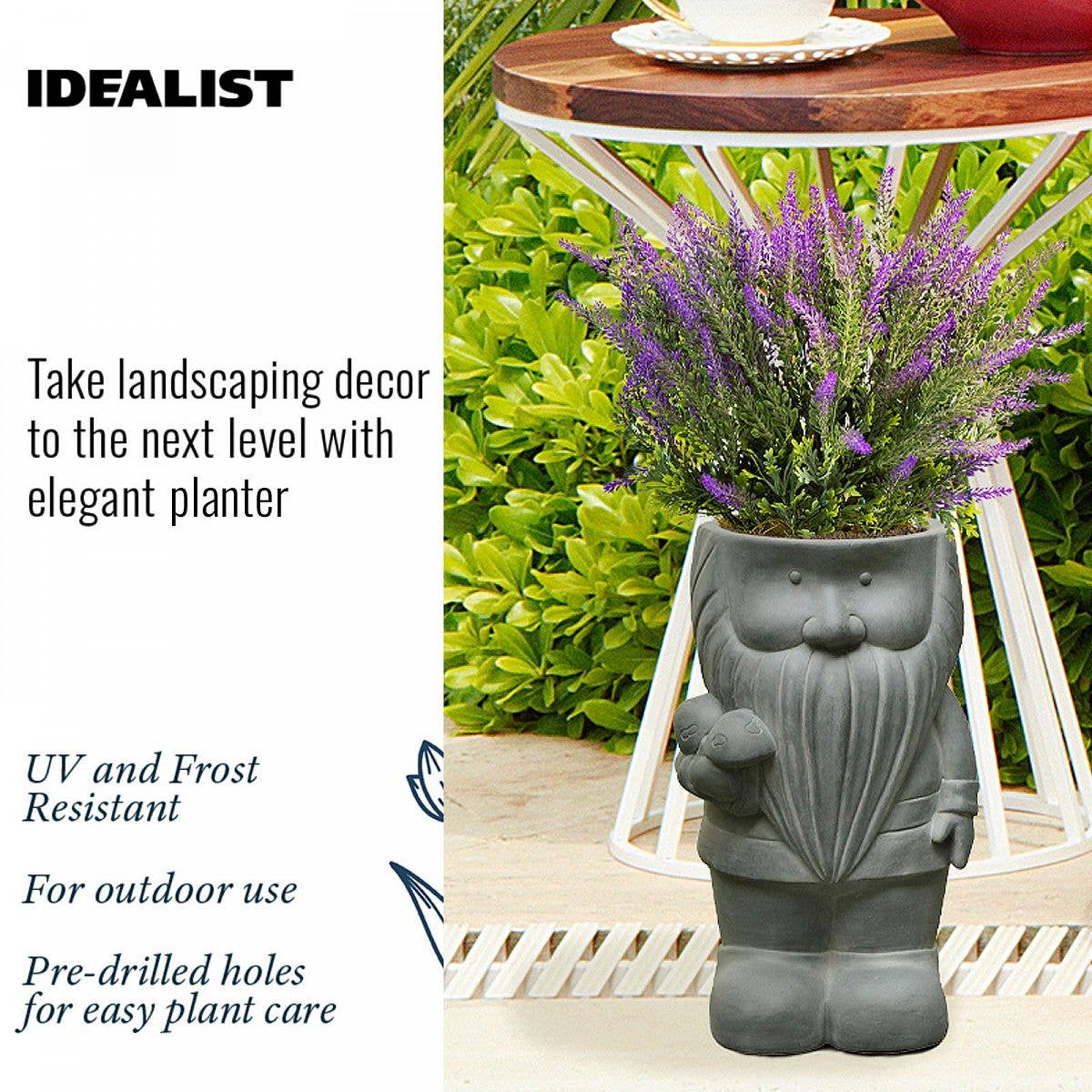Grey IDEALIST Gnome with Mushrooms Oval Outdoor Plant Pot for wholesale on Faire2