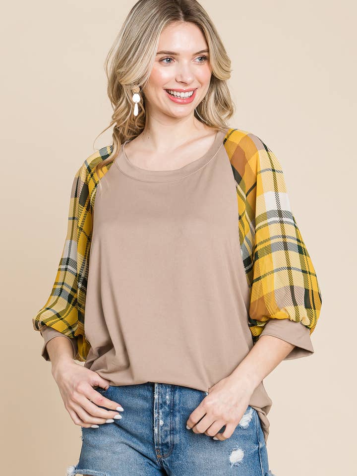 ETK-8794 Top con maniche a bolle scozzese per la vendita all'ingrosso da parte di Emerald Collection