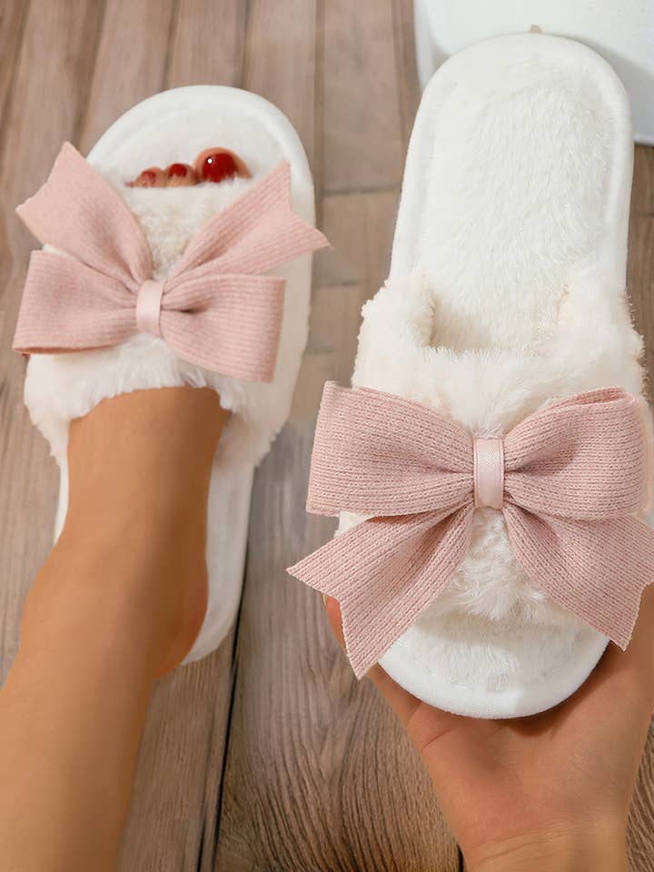 White Bow Knot Decor Open Toe Plush Slippers for wholesale on Faire
