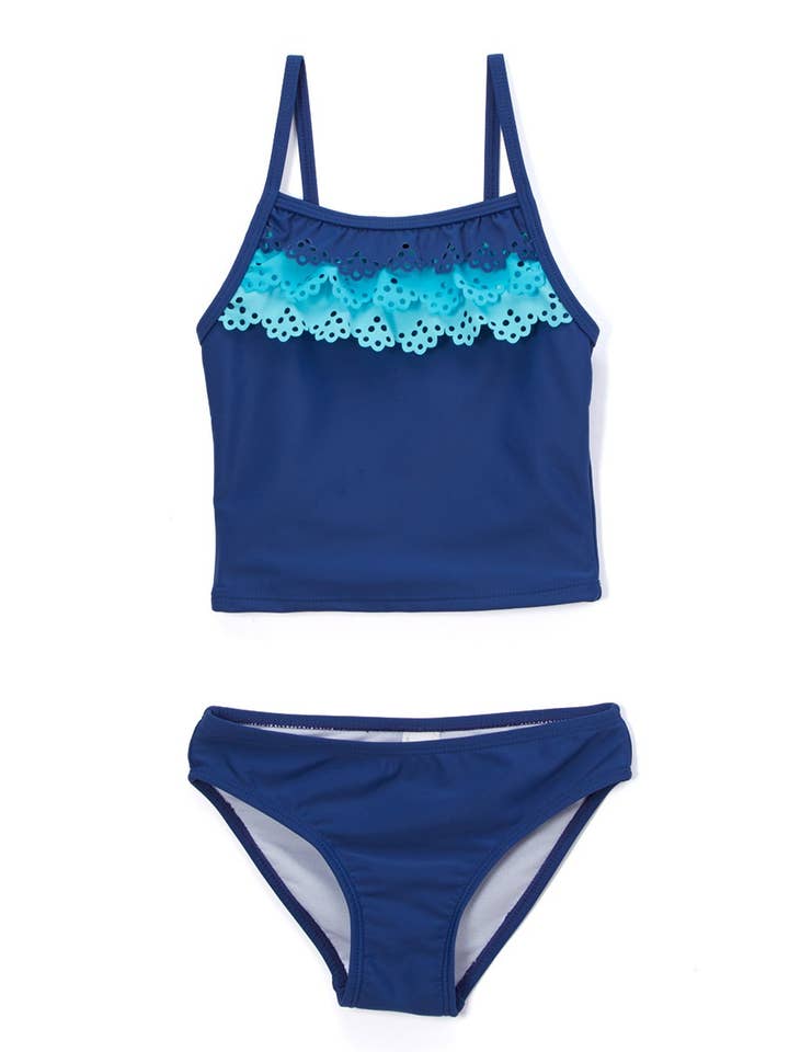Kids Laser Cut Ruffle Tankini Swimsuit Set for wholesale by Envya
