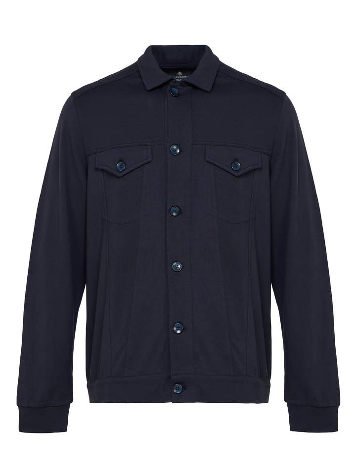 Chemise bleu marine à boutons avec finition satinée pour la vente par Luchiano Visconti