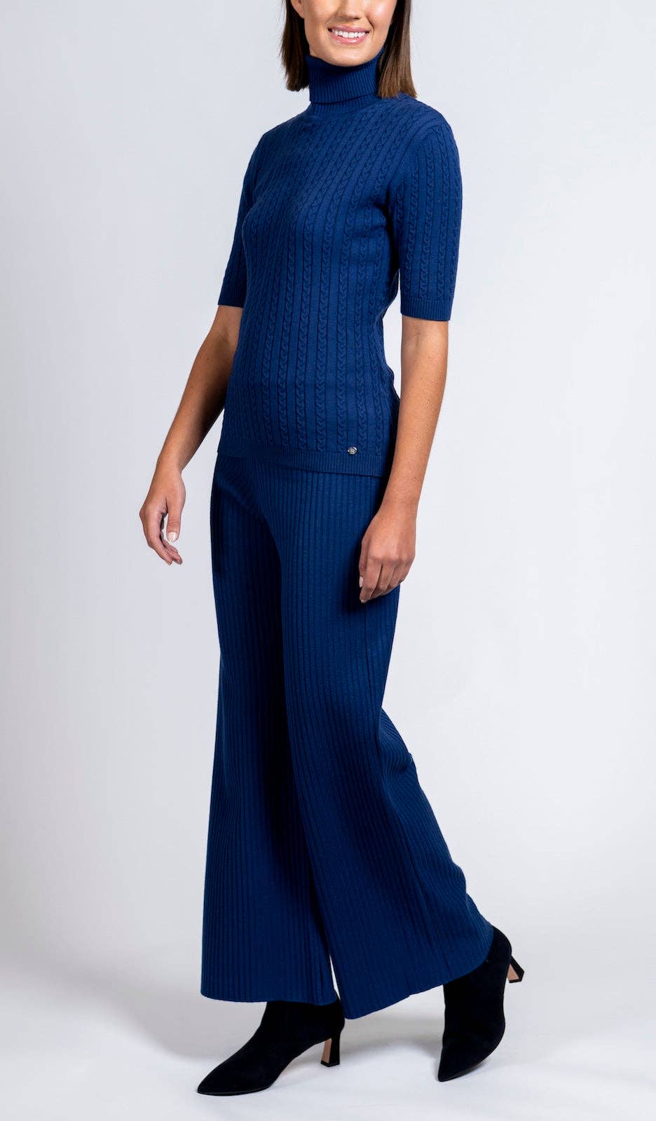 Biana - Wholesale Knit Top - Women's - Sherri Short Sleeved Cable-Knit Turtleneck, Navy2