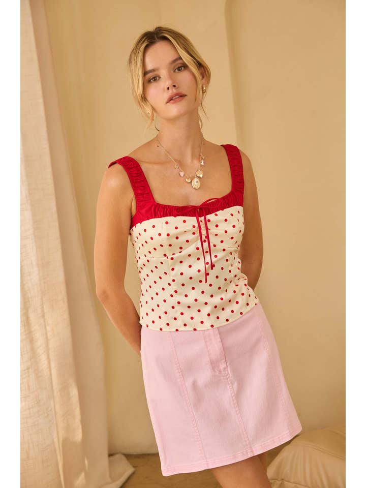 Blanc-Rouge Haut sans manches à pois avec nœud en vente sur Faire2