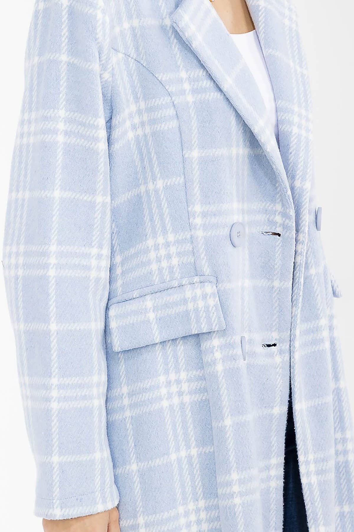 ICE BLUE PLAID DRAPED BUTTON FRONT COAT for wholesale on Faire3