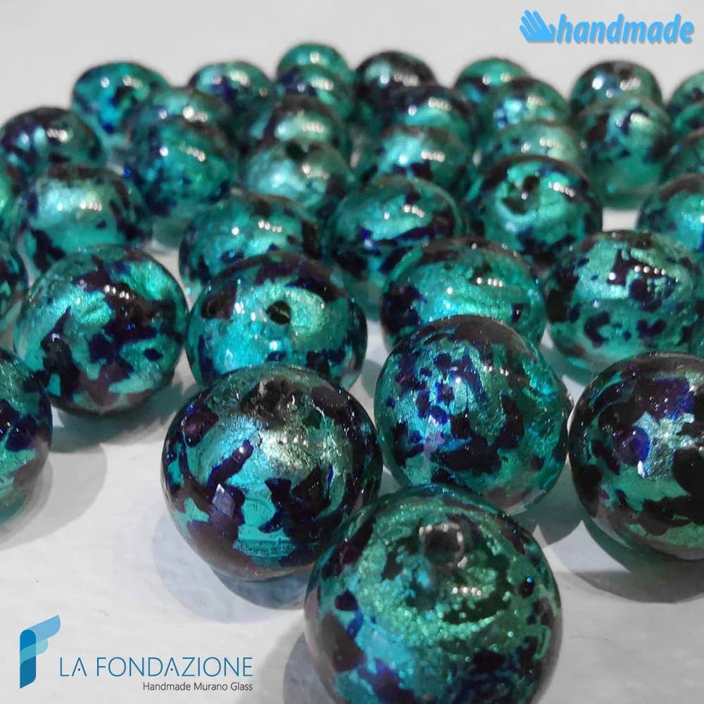 La Fondazione - Handmade Murano Glass - Wholesale Beaded/Pearl Necklace - Murano glass teal maculé pearl necklace1