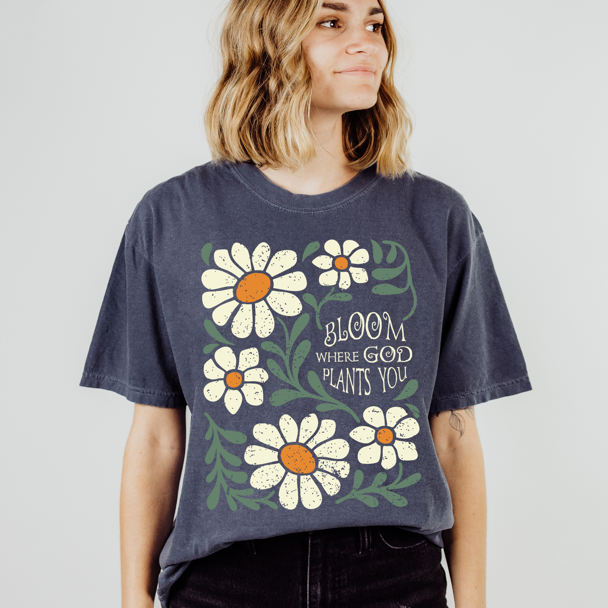 Scripted Pearl - Wholesale Screen Printed T-Shirt - Women's - Bloom Where God Plants You Comfort Colors Christian T Shirt8
