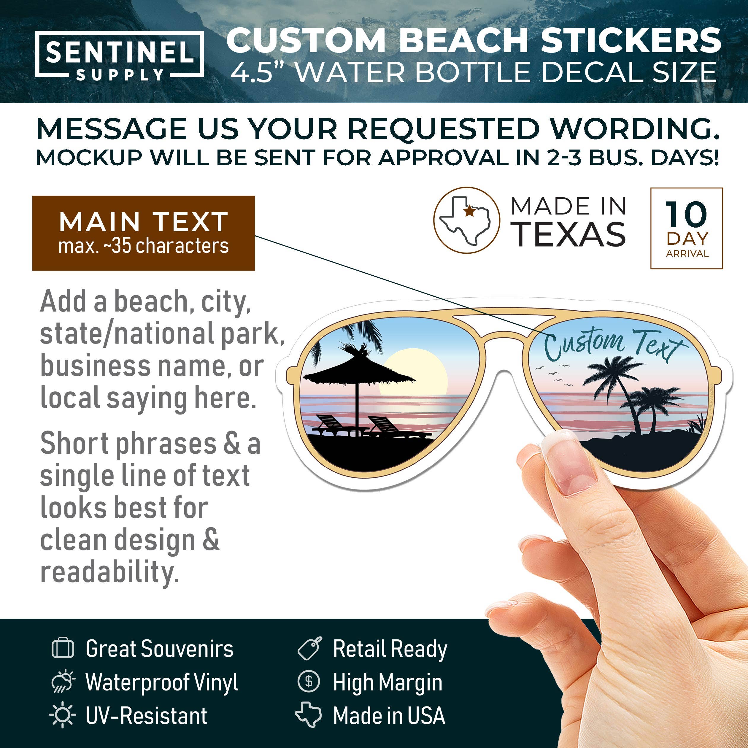 Sentinel Supply - Wholesale Sticker - Custom Beach Sunglasses Sticker - Name Drop Nature Decal1