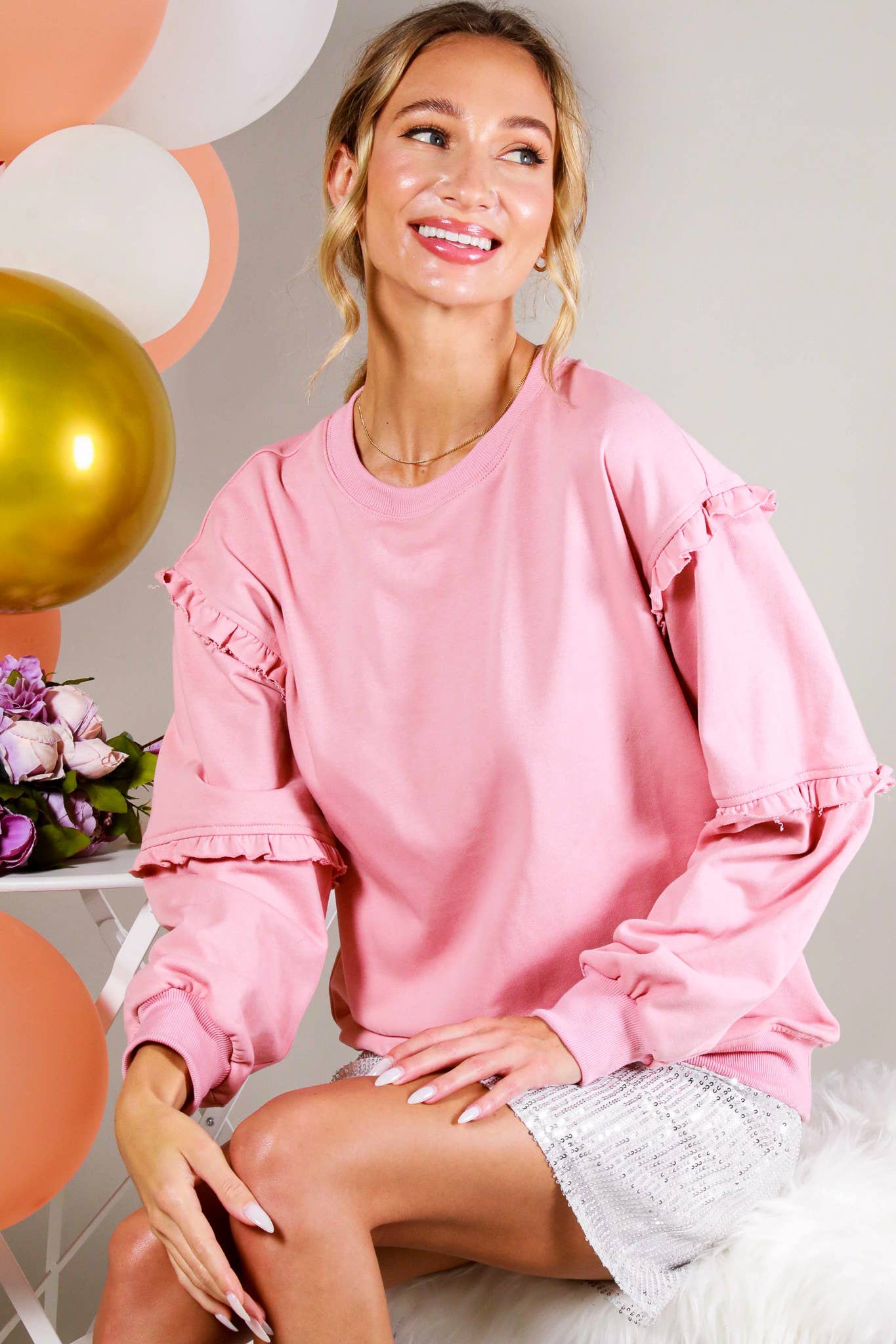 Vine & Love - Wholesale Sweatshirt - Women's - Crew Neck Ruffle Detail French Terry Sweatshirt VT7008316