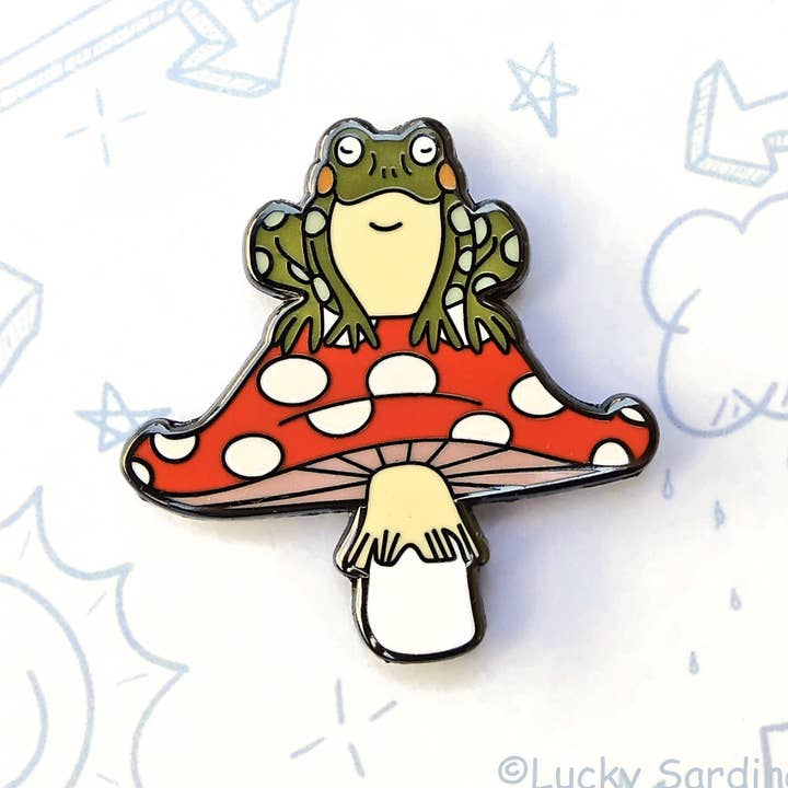 Anstecknadel Toad & Mushroom, Toadstool Frosch, Retro-Look der 70er und 80er, emailliert für den Großhandel von Lucky Sardine