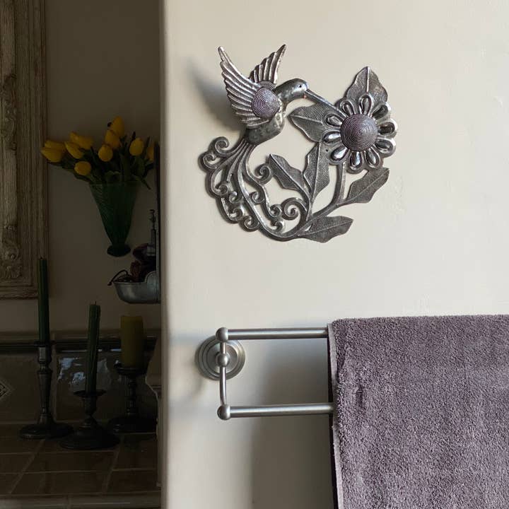 Haiti Fair Trade~ It's Cactus - Wholesale Wall Accent - 11" Blooming Flower with Hummingbird Haitian Metal Wall Art