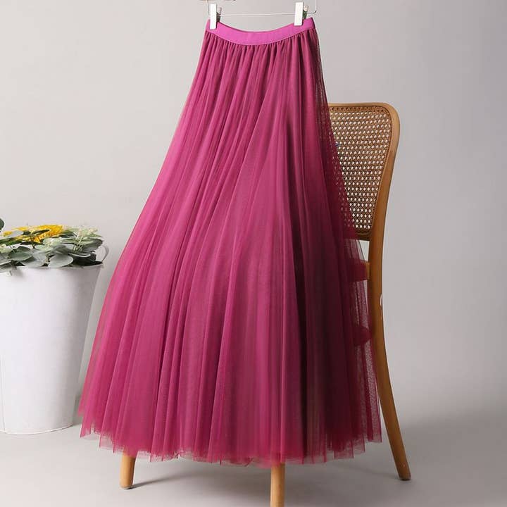 ACCITY - Wholesale Skirt - Women's - SOLID COLOR ELASTIC-WAIST MESH TULLE A-LINE SKIRT_CWBLS037217