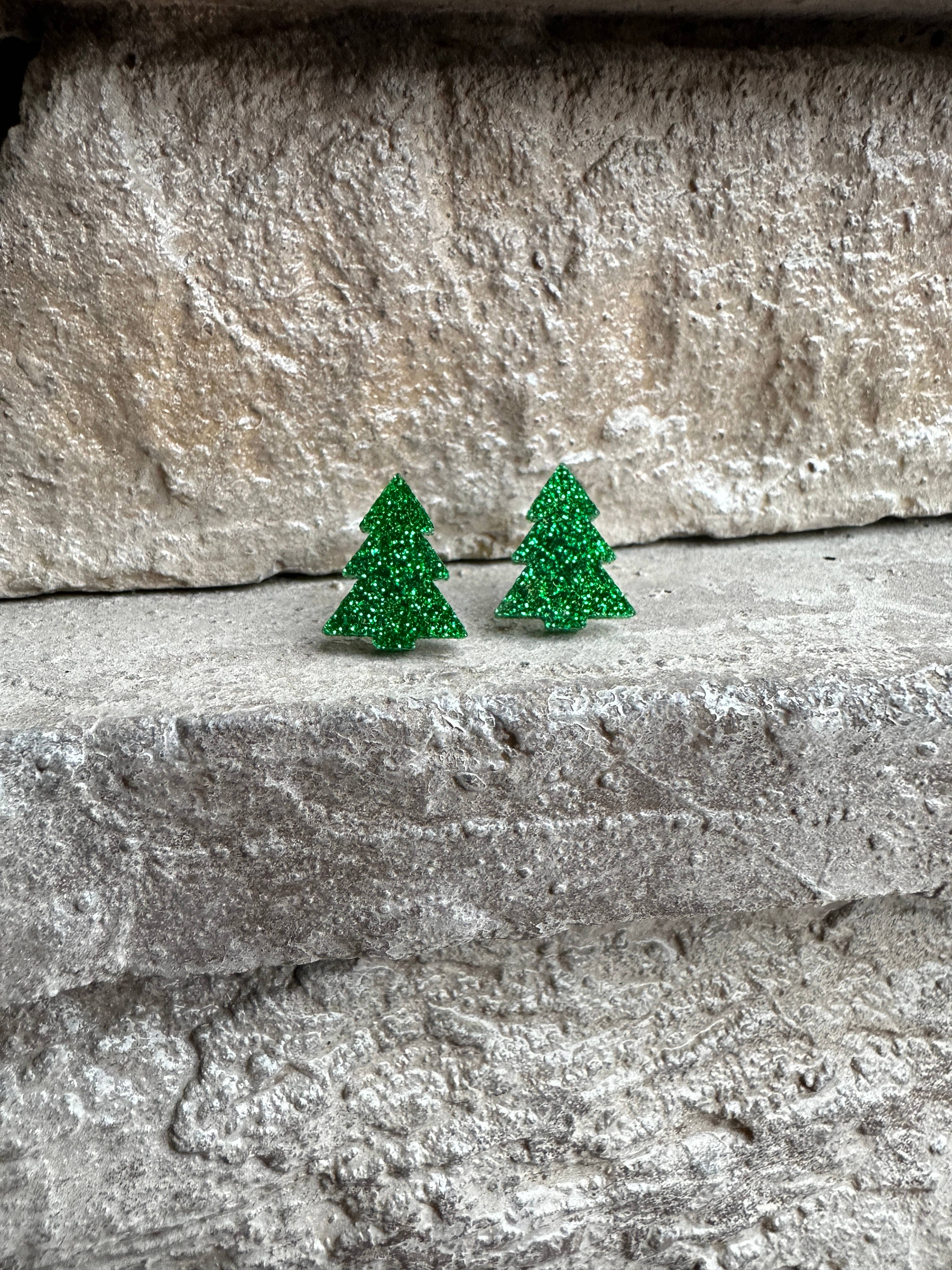 Laser & Color Designs LLC - Vente Clous d'oreille - Clous d'arbre de Noël à paillettes vertes, boucles d'oreilles de Noël4