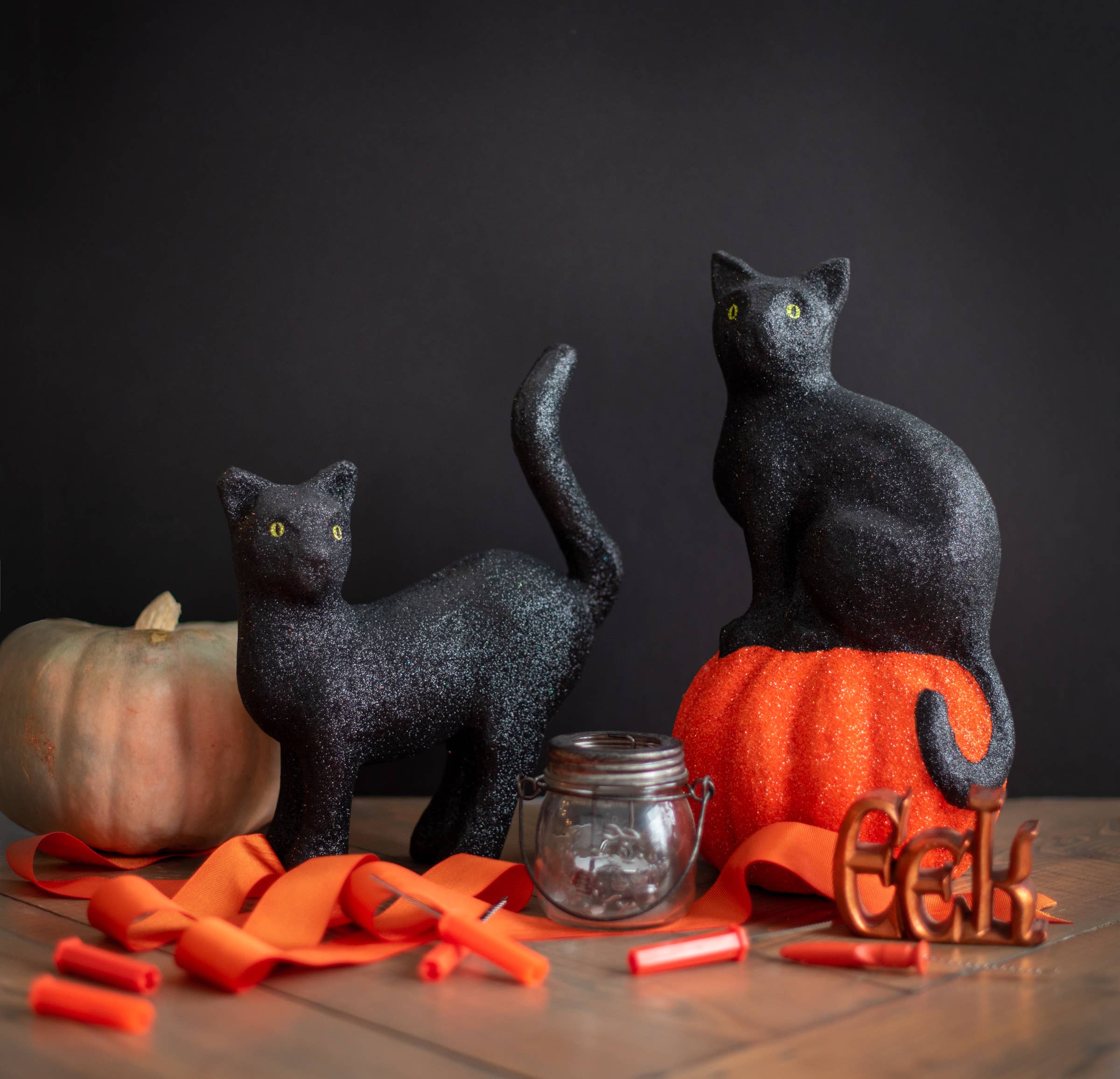 Dekorasyon Gifts  Decor - Wholesale Decorative Figurine - 13" Paper Mache Cat on Pumpkin (Black/Orange)1
