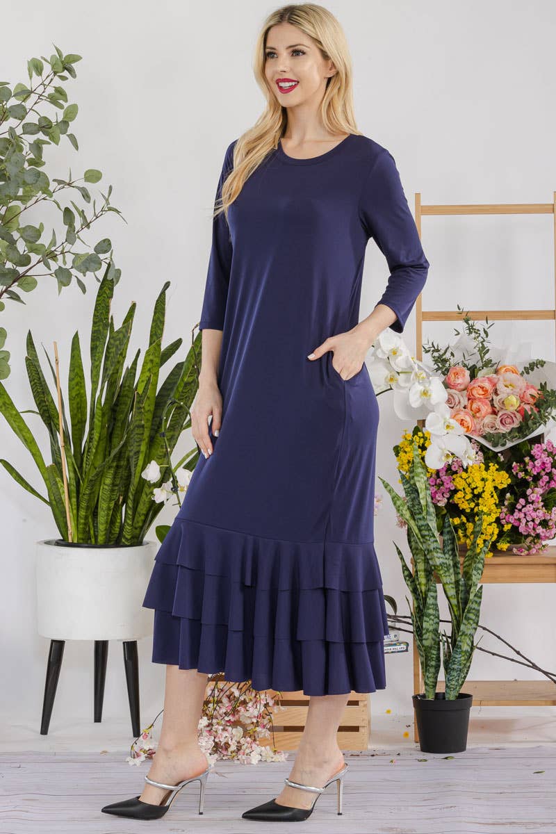 Celeste Clothing – Großhandel Kleid – Damen – Großgrößen-Midikleid mit gestuften Rüschen und 3/4-Ärmeln35