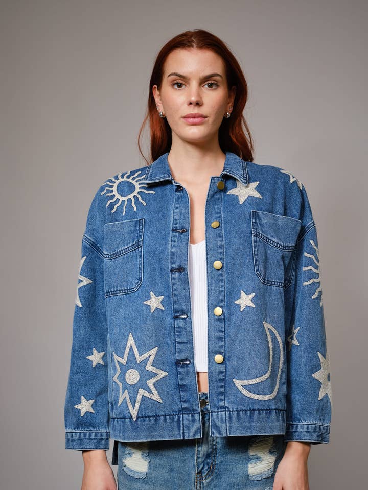 91513J - Celestial Embroidered Denim Jacket for wholesale by Blue B
