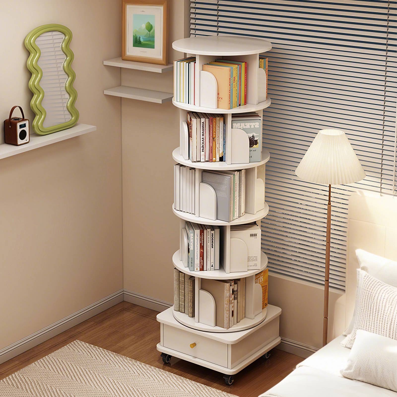 39F Inc. - Wholesale Bookcase - 5/6-Tier 360° Rotating Bookshelf with Drawer, White/Wood25
