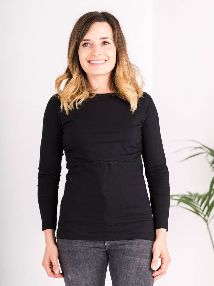 Bshirt Nursing long sleeve t-shirt (with lace) in Black for wholesale by The Bshirt