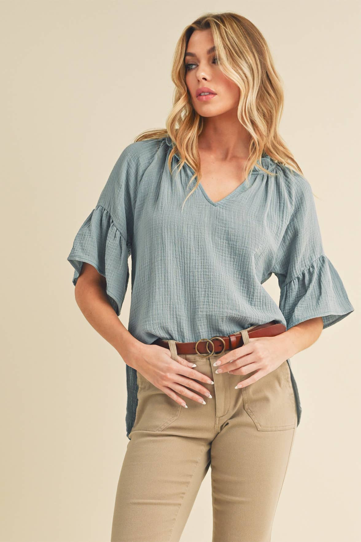 AEMI + CO - Wholesale Blouse - Women's - 8258DK Tes 3/4 Sleeve Ruffle Top 619