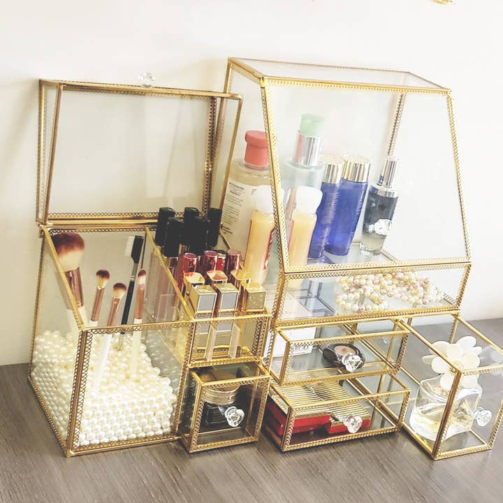 ES Essentials - Wholesale Makeup Storage Box - Elegant Glass Cosmetic Holder with Laced Edge 3 Piece Set Go