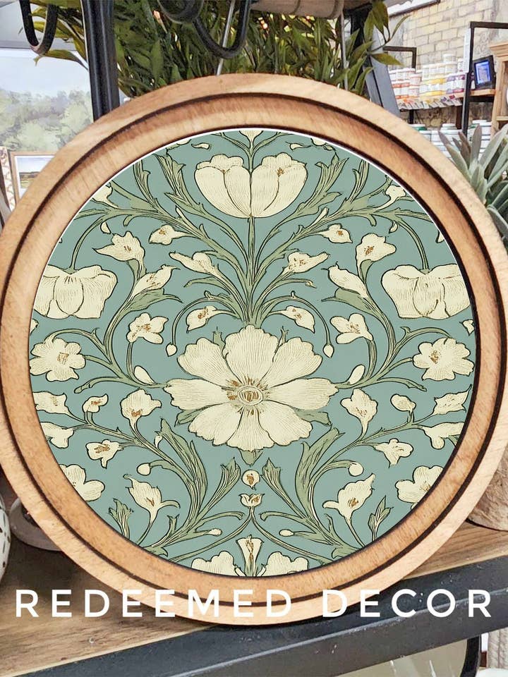 8" Round Dusty Blue Floral Art for wholesale by Redeemed Decor