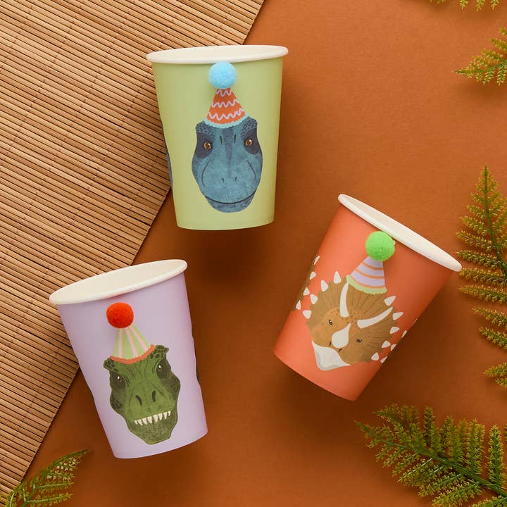 Hootyballoo by Club Green - Wholesale Disposable Cup - Party Dinosaur Pom Pom Paper Cups - Pack of 60