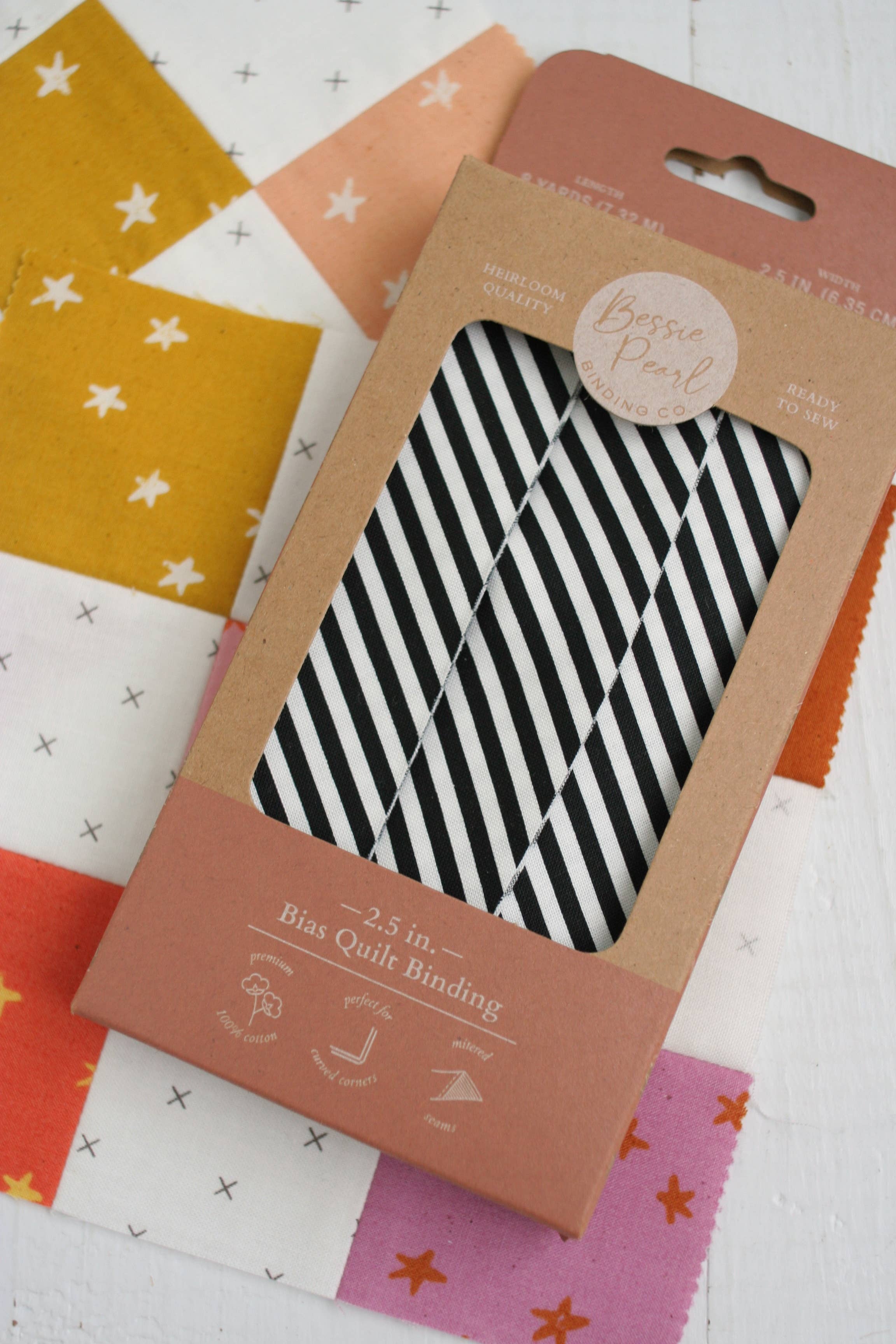 Bessie Pearl Binding Co – wholesale Craft supplies – 2.5" Bias Quilt Binding – Black Stripe (Ready-Made Cotton Binding)1